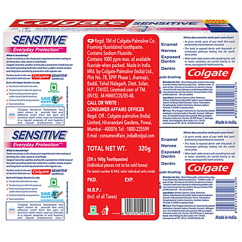 Colgate Sensitive Anticavity Toothpaste - Everyday Protection, 160 g (Pack of 2) 