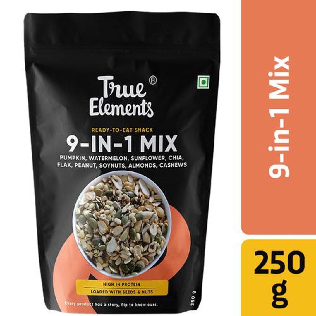 True Elements 9 in 1 Snack Mix - Seeds and Nuts Mix, Mix of Pumpkin, Watermelon, Flax, Chia, Sunflower, Peanuts, Soynuts, Almonds & Cashew Nuts, Diet Snacks, 250 g 