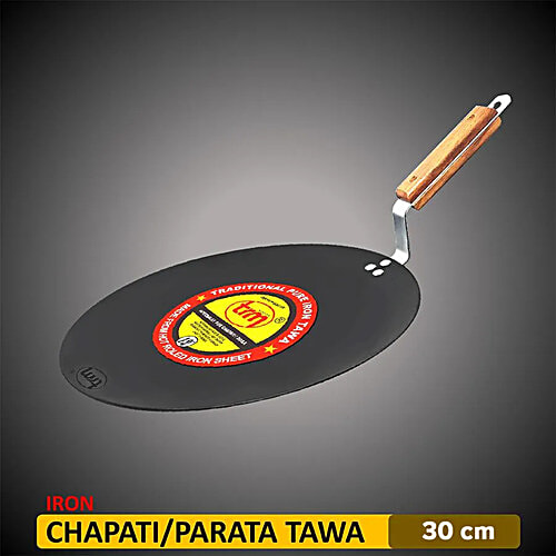 Trm Classic HOT Roll Traditional Pure Iron Concave/Chapati Tawa - With Wooden Handle, 30 cm, 1 pc