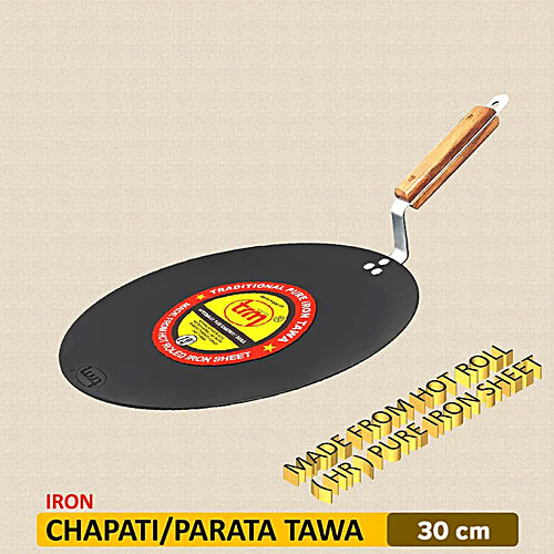 Trm Classic HOT Roll Traditional Pure Iron Concave/Chapati Tawa - With Wooden Handle, 30 cm, 1 pc
