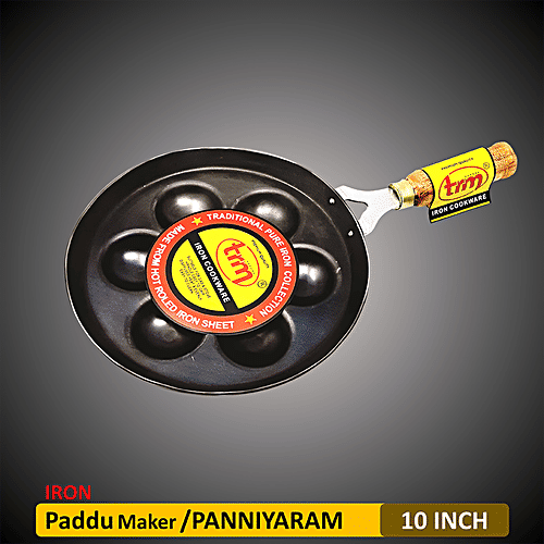 Trm Traditional Pure Iron Appam Patra/Paniyarakkal/Paddu Maker - With Hand, 7 Pits, 25.4 cm, 1 pc