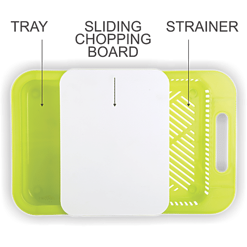 Joyo Chop N Store Shopping Board - With Tray & Strainer, Tough Durable, Green, 1 pc