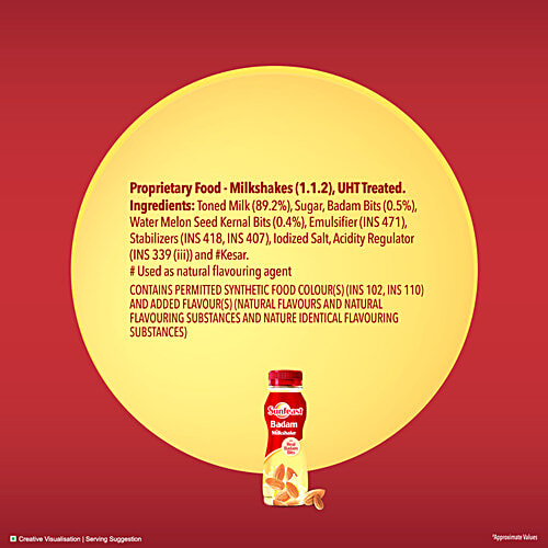 Sunfeast Badam Milkshake With Real Almond Bits, 180 ml Bottle Thick & Creamy Almond Milkshake, Enriched With Calcium & Protein, No Added Preservatives
