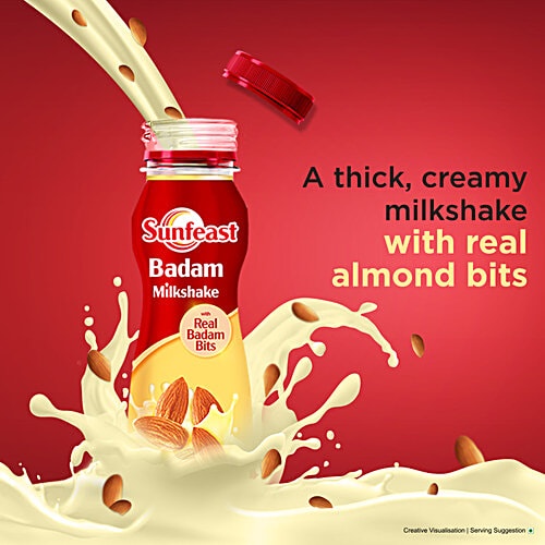 Sunfeast Badam Milkshake With Real Almond Bits, 180 ml Bottle Thick & Creamy Almond Milkshake, Enriched With Calcium & Protein, No Added Preservatives