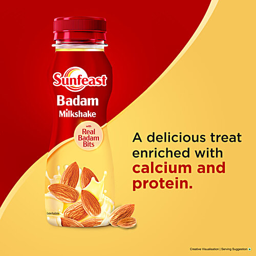 Sunfeast Badam Milkshake With Real Almond Bits, 180 ml Bottle Thick & Creamy Almond Milkshake, Enriched With Calcium & Protein, No Added Preservatives