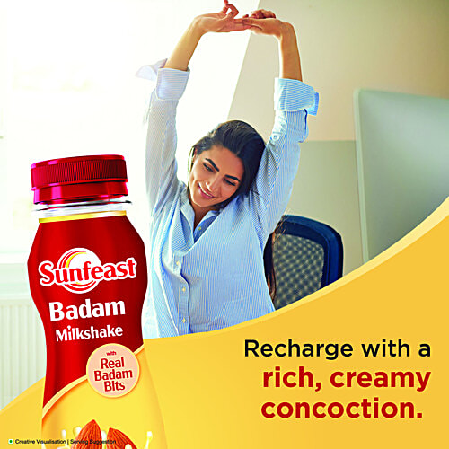 Sunfeast Badam Milkshake With Real Almond Bits, 180 ml Bottle Thick & Creamy Almond Milkshake, Enriched With Calcium & Protein, No Added Preservatives