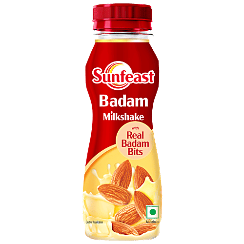 Sunfeast Badam Milkshake With Real Almond Bits, 180 ml Bottle Thick & Creamy Almond Milkshake, Enriched With Calcium & Protein, No Added Preservatives