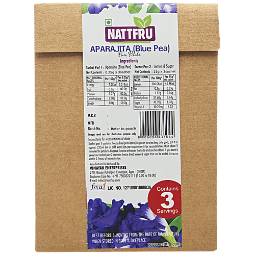 Nattfru Herbal Aparajita Tea Powder - Blue Pea Pure Petals, 0.75 g (3 Sachets x 0.25 g Each) 