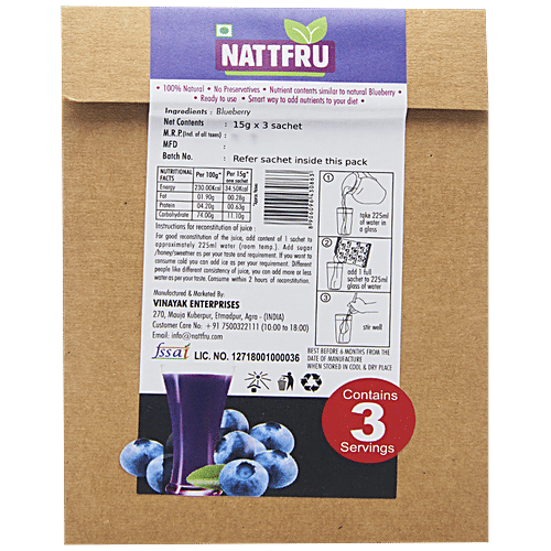 Nattfru Blueberry Fruit Juice Powder - Real Fruit Only, No Added Sugar, 45 g Sachet 