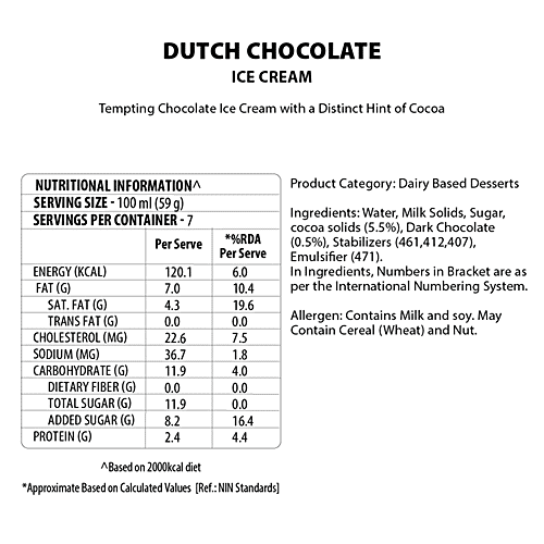 Baskin Robbins Dutch Chocolate Ice Cream, 700 ml Tub Tempting Chocolate
 Distinct Hint of Cocoa