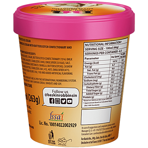 Baskin Robbins Hop Scotch Butterscotch Ribbon Ice Cream, 450 ml Tub Smooth Butterscotch Flavour
 Sprinkled with Cashew Praline