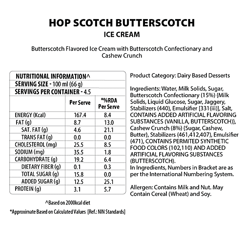 Baskin Robbins Hop Scotch Butterscotch Ribbon Ice Cream, 450 ml Tub Smooth Butterscotch Flavour
 Sprinkled with Cashew Praline