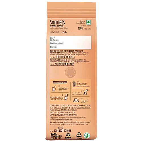 Sonnets by TATA Coffee Arabica Anaerobic Milds Dark Roast Filter Coffee Grind, 250 g  