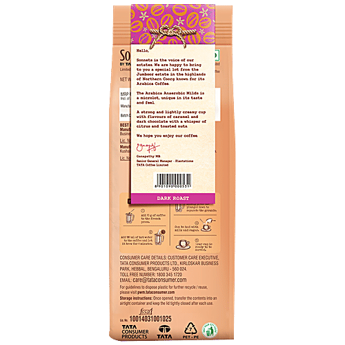 Sonnets by TATA Coffee Arabica Anaerobic Milds Dark Roast Filter Coffee Grind, 250 g  