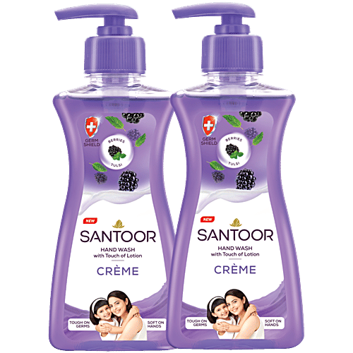 Santoor Creme Hand Wash - Berries & Tulsi, With Touch Of Lotion, 200 ml (Buy 1 Get 1 Free) 