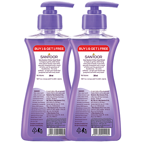 Santoor Creme Hand Wash - Berries & Tulsi, With Touch Of Lotion, 200 ml (Buy 1 Get 1 Free) 
