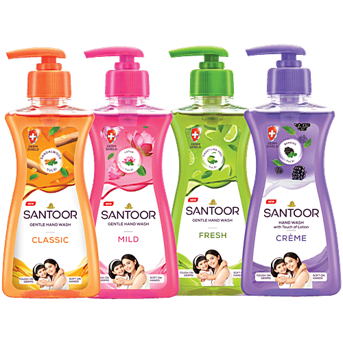 Santoor Creme Hand Wash - Berries & Tulsi, With Touch Of Lotion, 200 ml (Buy 1 Get 1 Free) 