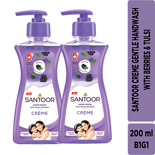 Santoor Creme Hand Wash - Berries & Tulsi, With Touch Of Lotion, 200 ml (Buy 1 Get 1 Free) 