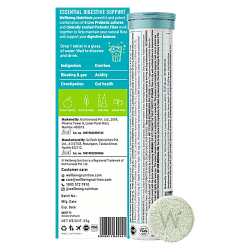 Wellbeing Nutrition Daily Probiotic + Prebiotic Effervescent Tablets - 18 Billion CFU, 6 Strains, 21 pcs Friendly Bacteria For Digestive Balance