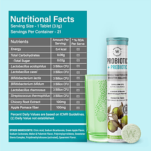 Wellbeing Nutrition Daily Probiotic + Prebiotic Effervescent Tablets - 18 Billion CFU, 6 Strains, 21 pcs Friendly Bacteria For Digestive Balance