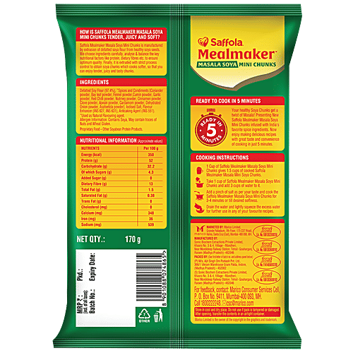 Saffola Mealmaker Masala Soya Mini Chunks, 170 g Pouch 