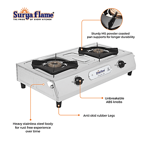 Buy Surya Flame 2 Burner Eco Delux Stainless Steel Cook Top Gas Stove Manual Ignition Online
