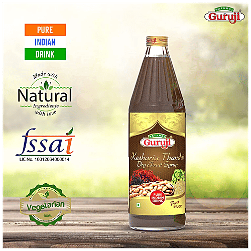 Jai Guruji Kesharia Thandai Dry Fruit Syrup, 750 ml Glass Bottle 