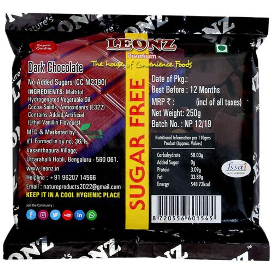 Leonz Dark Sugar-Free Chocolate Bar - Smooth & Rich, For Snacking, Desserts, Baking Use, 250 g Pouch