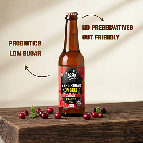 Toyo Kombucha Zero Sugar Cranberry Fermented Tea, 330 ml  Naturally Sweetened, Contains Probiotics
