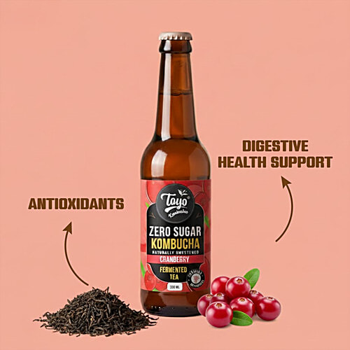 Toyo Kombucha Zero Sugar Cranberry Fermented Tea, 330 ml  Naturally Sweetened, Contains Probiotics