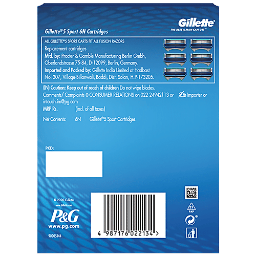 Gillette Sport 5-Blade No Slip Aquagrip Men’s Cartridges, 6 pcs  