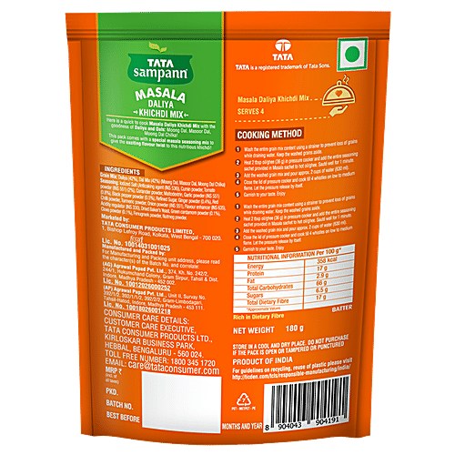 Tata Sampann Masala Daliya Khichdi Mix - Rich In Dietary Fibre, 180 g Pouch