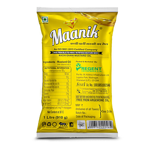 Maanik Kachi Ghani Mustard Oil, 1 L Pouch