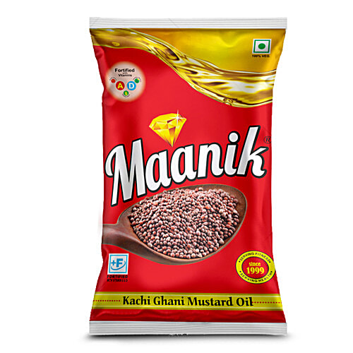 Maanik Kachi Ghani Mustard Oil, 1 L Pouch
