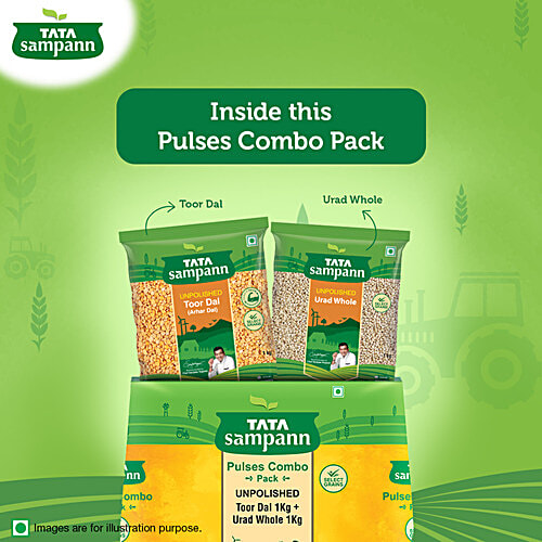 Tata Sampann Pulses Combo Pack - Unpolished Toor Dal/Arhar Dal & Unpolished Urad Dal Whole, 2 pcs (1 kg each)
