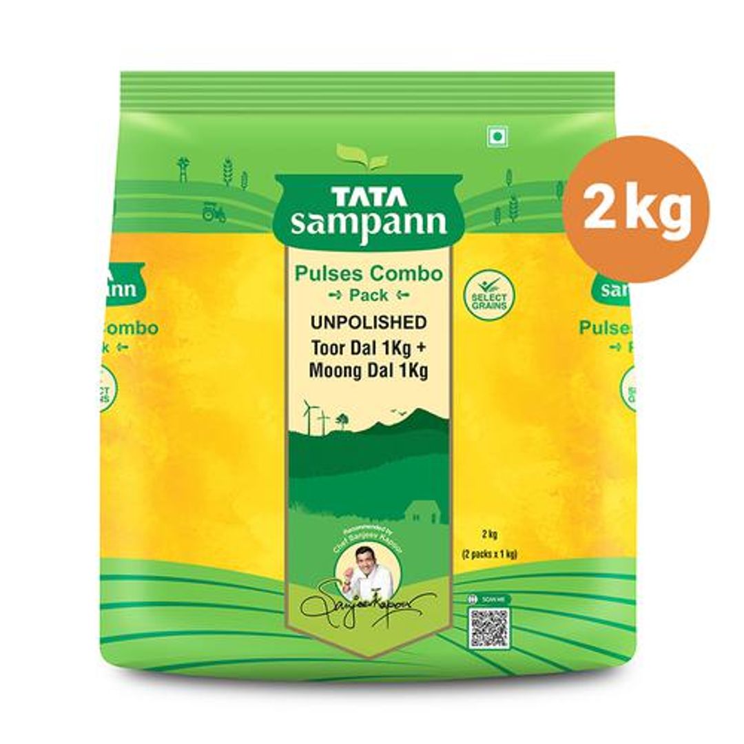 Tata Sampann Pulses Combo Pack - Unpolished Toor Dal/Arhar Dal & Unpolished Moong Dal, 2 pcs (1 kg each)