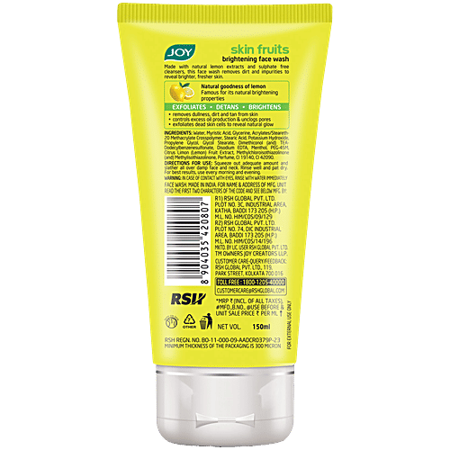 Joy Skin Brightening Lemon Face Wash, 150 ml For Glowing Skin