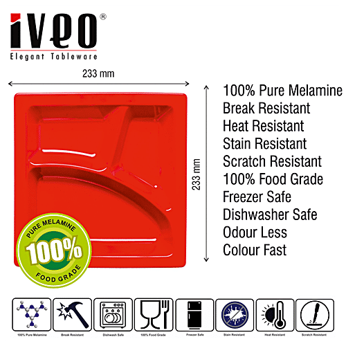 Iveo Idli/Dosa/Pav Bhaji Plates - 100% Melamine - Square - Multi Colour, set of 3