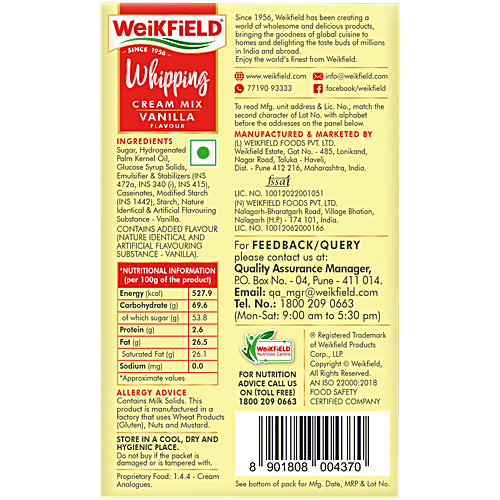 Weikfield Whipping Cream Mix - Vanilla Flavour, 50 g Carton Make Light & Fluffy Whipped Cream Instantly, Vegetarian