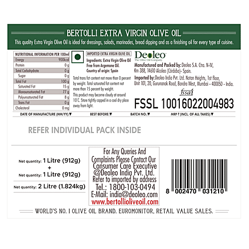 Bertolli Extra Virgin Olive Oil, 1 L (Buy 1 Get 1) 