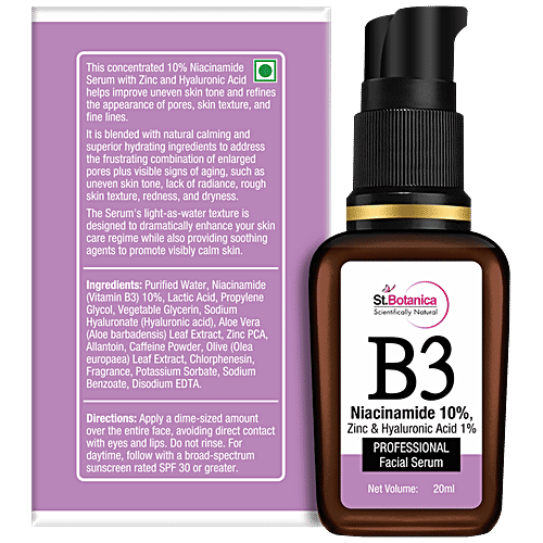 StBotanica B3 Niacinamide 10% + Zinc & Hyaluronic Acid 1% Professional Face Serum, 20 ml