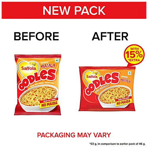 Saffola Oodles Instant Noodles - No Maida, Yummy, Masala Flavour, 53 g Pouch
