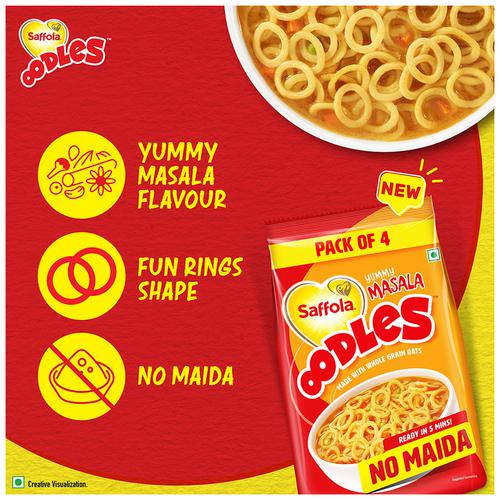 Saffola Oodles Instant Noodles - No Maida, Yummy, Masala Flavour, 53 g Pouch 