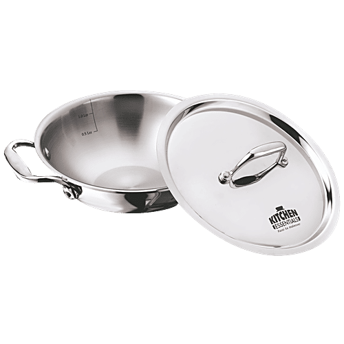 Kitchen Essentials Tri Ply Stainless Steel Kadai - 3 Layer, With Induction Base & Lid, 24 cm, 2.6 L