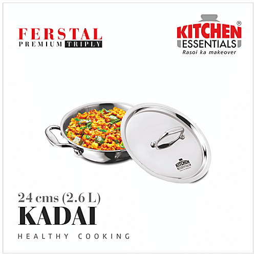 Kitchen Essentials Tri Ply Stainless Steel Kadai - 3 Layer, With Induction Base & Lid, 24 cm, 2.6 L