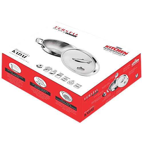 Kitchen Essentials Tri Ply Stainless Steel Kadai - 3 Layer, With Induction Base & Lid, 24 cm, 2.6 L
