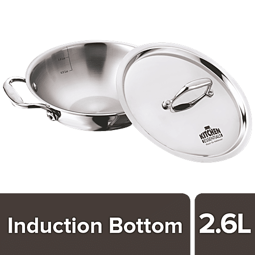 Kitchen Essentials Tri Ply Stainless Steel Kadai - 3 Layer, With Induction Base & Lid, 24 cm, 2.6 L