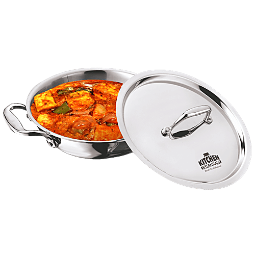 Kitchen Essentials Tri Ply Stainless Steel Kadai - 3 Layer, With Induction Base & Lid, 26 cm, 3.5 L