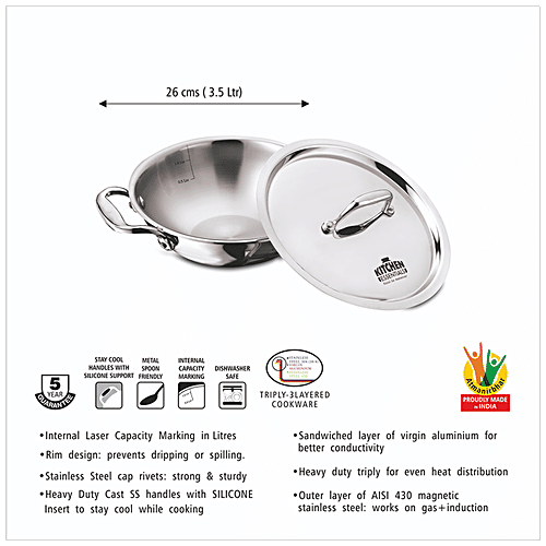 Kitchen Essentials Tri Ply Stainless Steel Kadai - 3 Layer, With Induction Base & Lid, 26 cm, 3.5 L