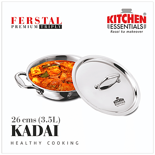 Kitchen Essentials Tri Ply Stainless Steel Kadai - 3 Layer, With Induction Base & Lid, 26 cm, 3.5 L